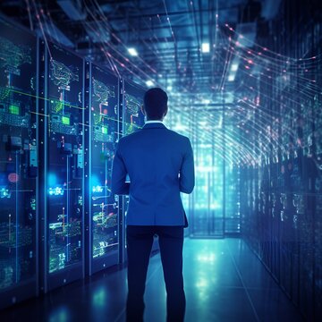 Engineer manager connecting data center on global networking in server room of storage systems and connect of data on internet network business [IA Generativa]