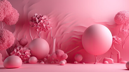 Fototapeta na wymiar Abstrakt-kreative 3D-Darstellung einer Frühlingsszene in rosa Farben (Generative AI)