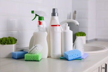 Fototapeta na wymiar A set of different cleaning and disinfection products against the background of the home interior 