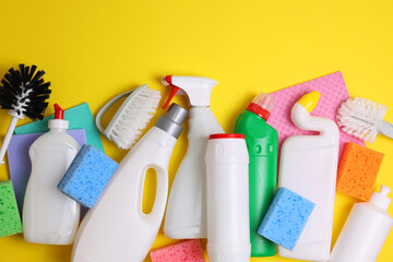 A set of different cleaning and disinfectant products on a coloured background