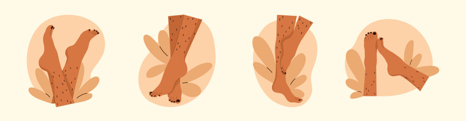 Set of unshaved hairy female legs with leaves. Body positive, normalize female body hair, skin care, depilation. Vector illustration in cartoon style. Isolated background.