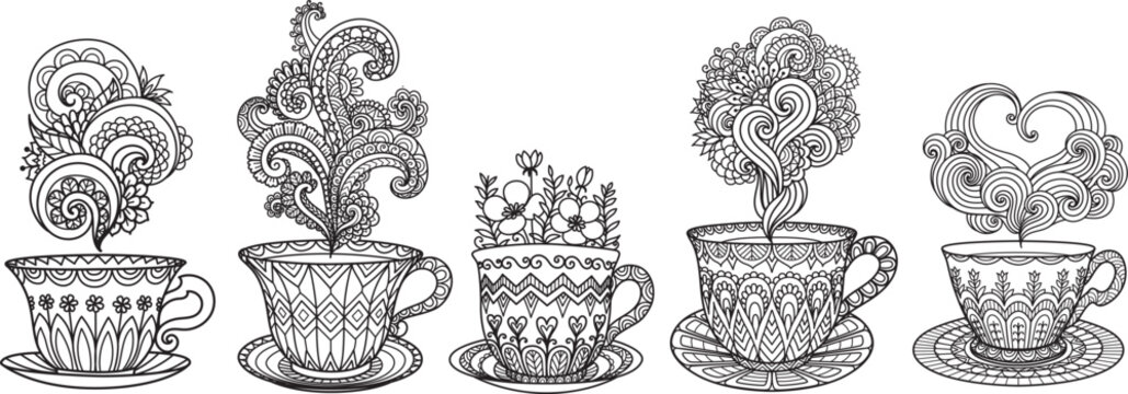 Set of coffee cup or tea cup with artistic steam for adult coloring page, engraving, papercut, laser cut and so on. Vector illustration. Editable line thickness.