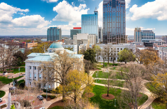 Aerial view of North Carolina State Capitol and Raleigh skyline