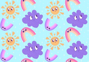 Retro summer cartoon seamless sun and rainbow and clouds pattern for wrapping paper and kids clothes print