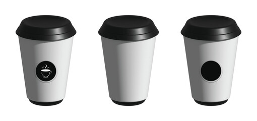 Set of takeaway coffee cup mockup icons isolated on white background, takeaway coffee cup mockup empty for typing and logos, realistic 3d grey coffee cup with black lid. Vector illustration