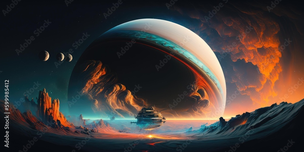 Poster outer planet landscape with from sci fi novel. superlative generative ai image.