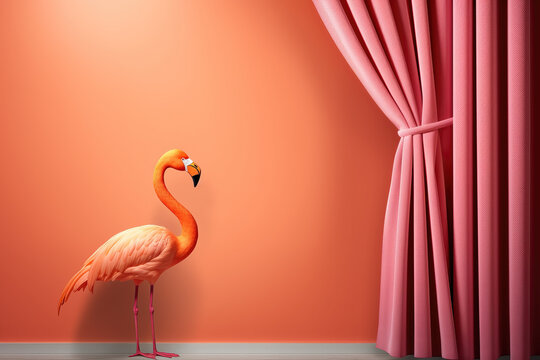flamingo next to pink curtain, ai generated