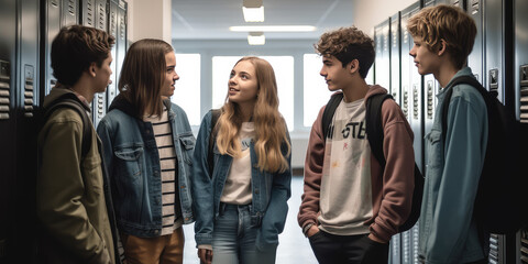 Group of teenage classmates friends standing in hallway with school lockers talking. Back to school. Generative AI.