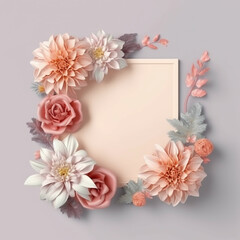 Creative layout made with  flowers with paper card note. Minimal nature love background. Spring flowers concept.
