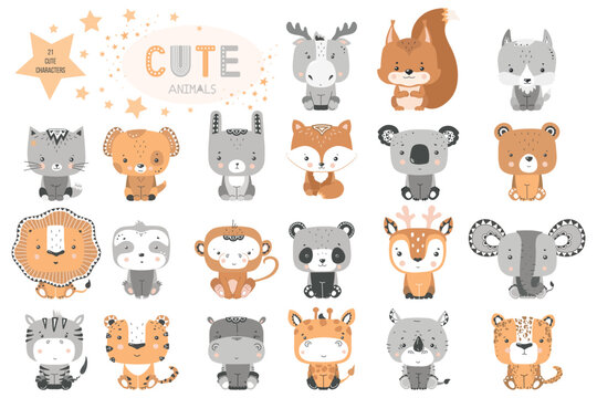 Set of cute African forest and domestic animals. children's vector illustration.