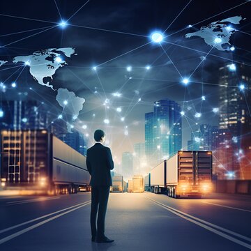  Businessman on logistic network distribution and smart transportation and networking intelligent logistics of truck and train container cargo ship, Logistic import export [IA Generativa]
