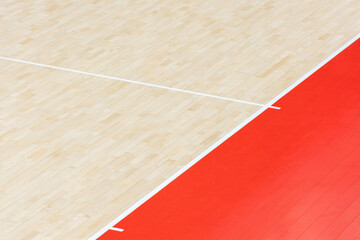 Wooden floor volleyball, basketball, badminton, futsal, handball court. Wooden floor of sports hall with marking lines line on wooden floor indoor, gym court