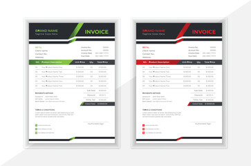 Corporate invoice design in attractive gradient variations of red and green colors.