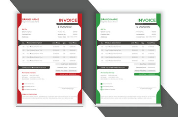 Corporate Business Invoice Template. Professional invoice layout in attractive gradient variations of green, red and black colors.