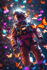 astronaut in space with neon butterflies around him