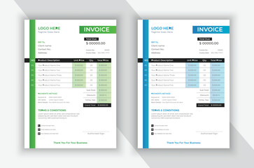 Professional business invoice template in attractive gradient variations of blue and green colors.