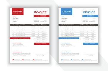 Corporate invoice design in attractive variations of red and blue colors.
