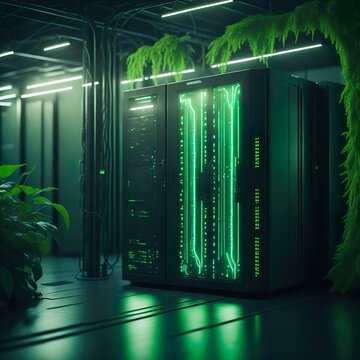 sustainable serverfarm. green glowing servers overgrown with plants. created with generativ AI.