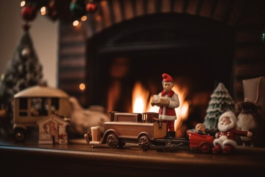 A christmas scene with santa claus and a toy train. Generative AI image.
