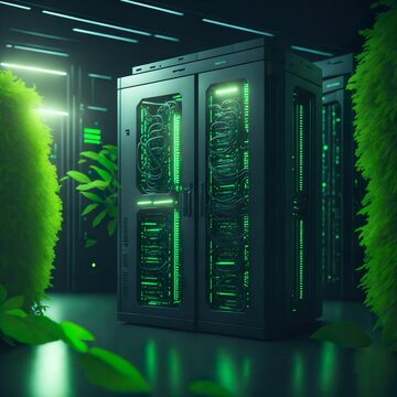 sustainable serverfarm. green glowing servers overgrown with plants. created with generativ AI.
