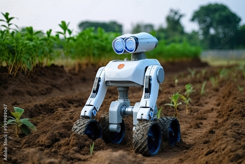 Poster unmanned automatic robot working in agricultural field. smart futuristic technologies in agriculture