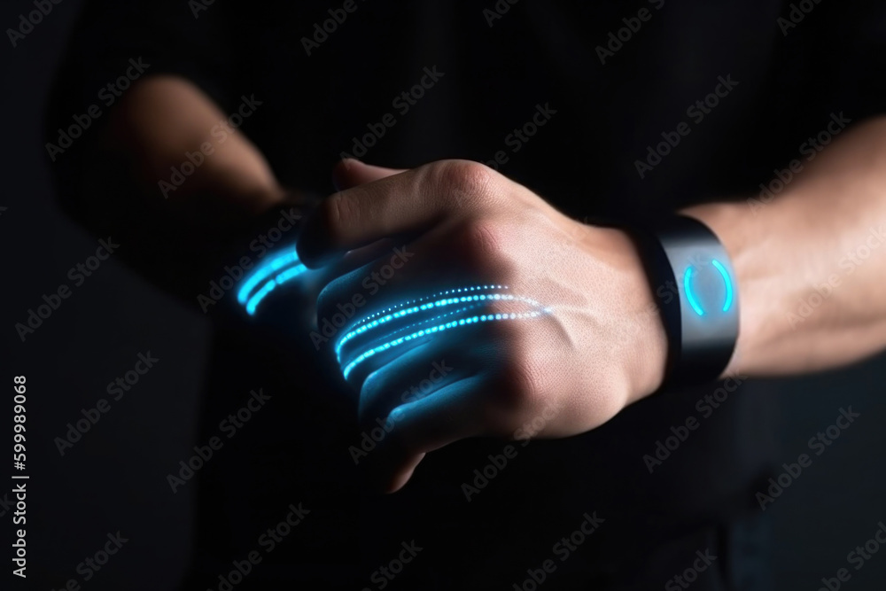 Poster futuristic smart device with glowing hologram display on human hand. virtual reality technology in r