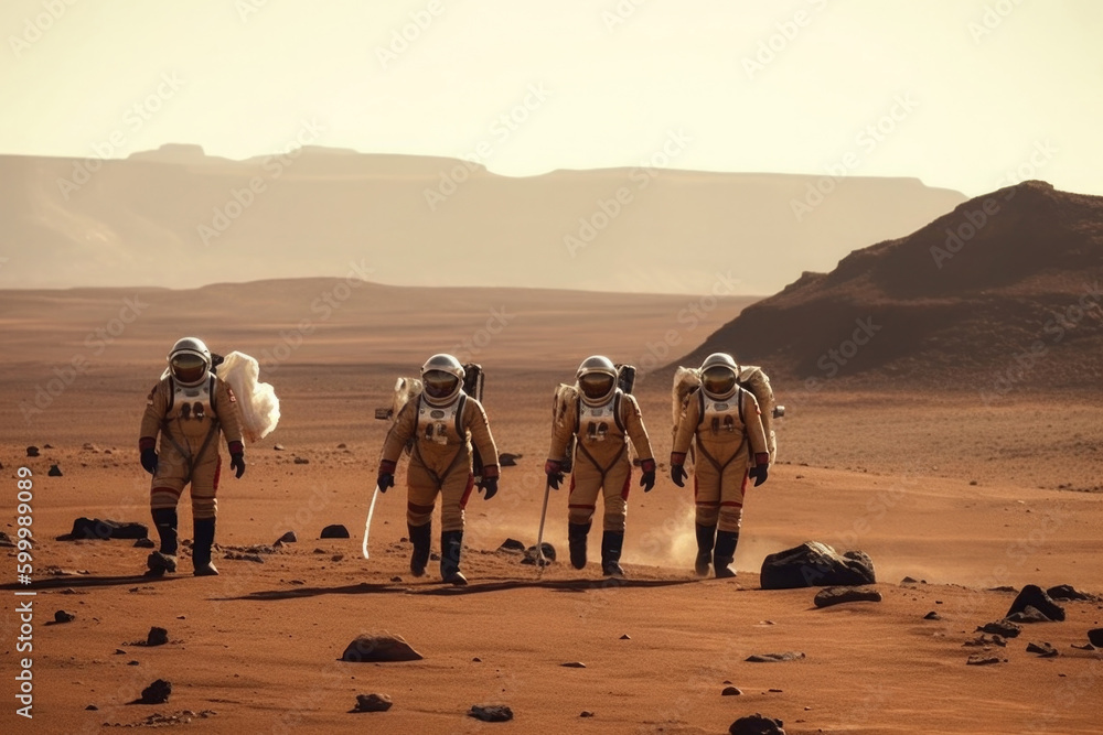 Wall mural astronauts wearing space suits walking on red planet. martian colony. mars colonization. created wit