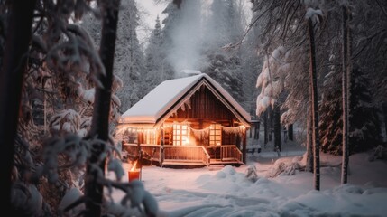 A small cabin in the middle of a snowy forest. Generative AI image.