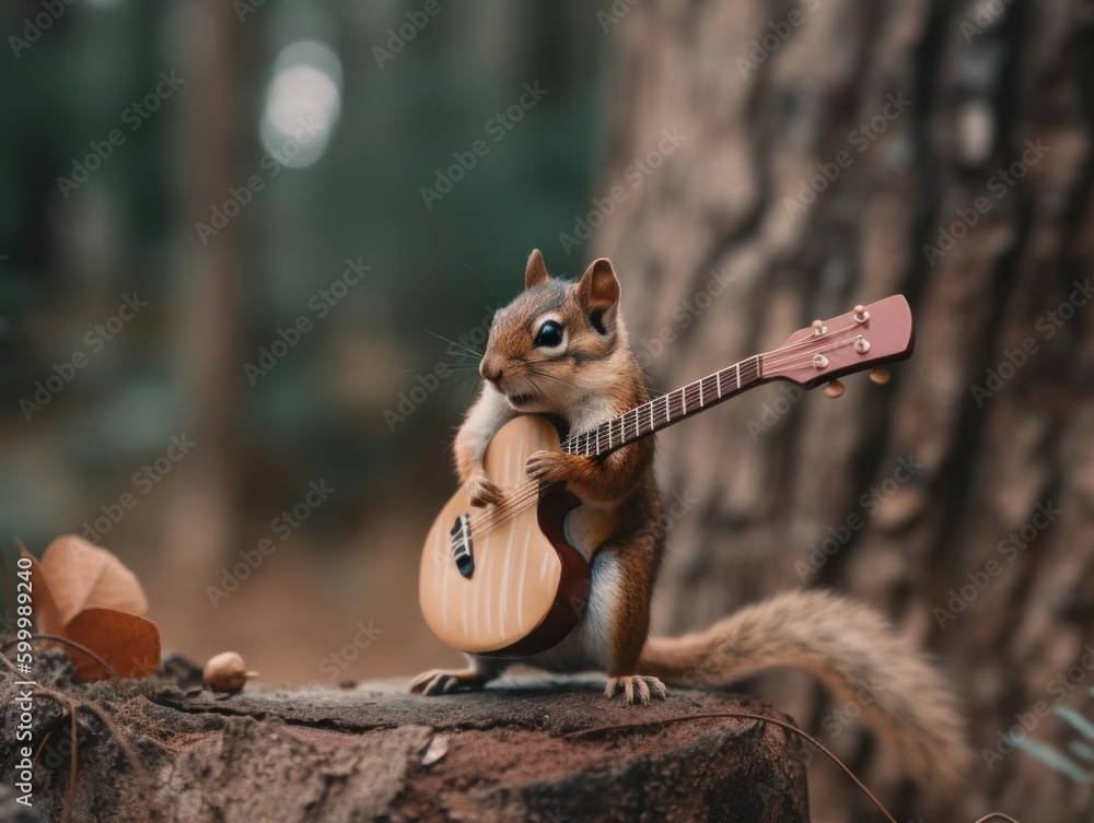 Poster a squirrel playing a guitar on top of a tree stump. generative ai image.
