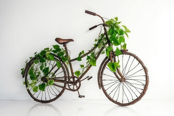 Bicycle made of natural green plants. Eco friendly transportation. Zero emission and no pollution transport concept. Created with Generative AI