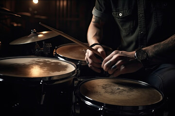 Naklejka premium Male drammer using drum stick playing drum kit on dark background. Musician is rehearsing in studio. Created with Generative AI
