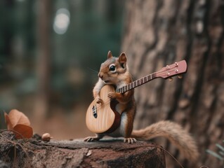 A squirrel playing a guitar on top of a tree stump. Generative AI image. © starush