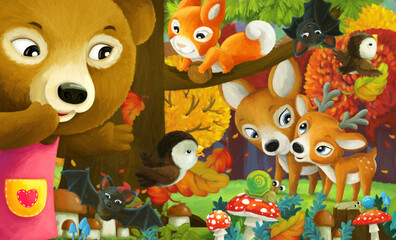 cartoon fun scene forest animals friends together