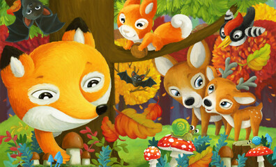 cartoon fun scene forest animals friends together
