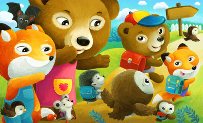 cartoon funny forest animals friends going to school