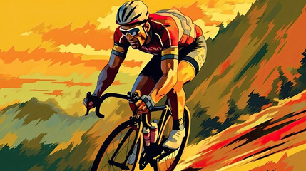 Illustration of a male road cyclist racing down a mountain road in an orange and black jersey. The abstract background connotes speed. This image was created using AI generative technology.