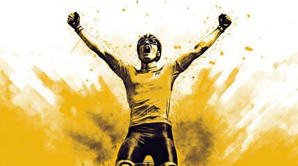 Illustration of a male cyclist in a yellow jersey raising his arms in victory. This image was created using AI generative technology. - obrazy, fototapety, plakaty