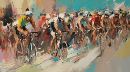 Oil painting styled illustration of a bicycle race on an abstract background This image was created using AI generative technology.