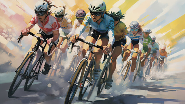 Oil painting styled illustration of a women's bicycle race on an abstract background This image was created using AI generative technology.