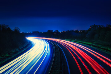 Langzeitbelichtung - Autobahn - Strasse - Traffic - Travel - Background - Line - Ecology - Highway - Long Exposure - Motorway - Night Traffic - Light Trails - High quality photo	 - obrazy, fototapety, plakaty
