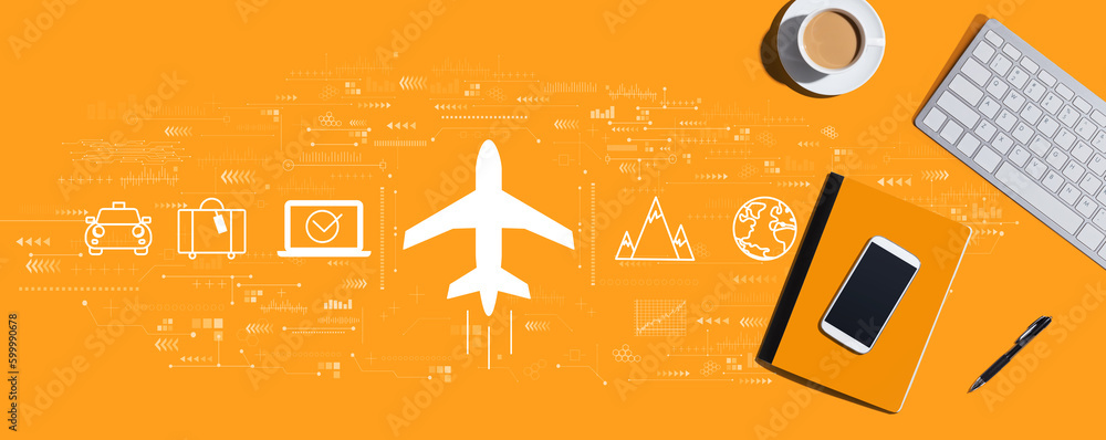 Poster flight ticket booking concept with a computer keyboard and office items