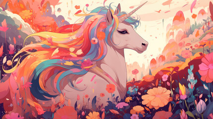 Unicorn on a blooming meadow, colorful colors in anime style. Generative AI