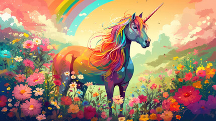 Obraz na płótnie Canvas Unicorn on a blooming meadow, colorful colors in anime style. Generative AI
