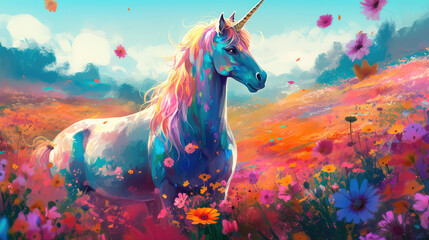 Obraz na płótnie Canvas Unicorn on a blooming meadow, colorful colors in anime style. Generative AI