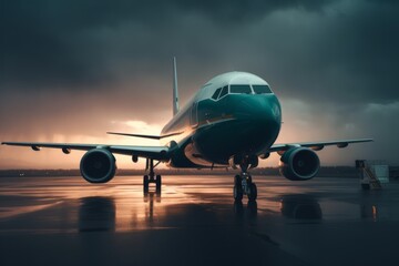 Fototapeta na wymiar Moody Sunset with Passenger Airplane on Runway, Generative AI