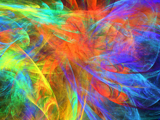 Creación de arte fractal digital compuesta de mantos translúcidos solapados de colores fluorescentes mostrando algo con apariencia de ser una batalla extraterrestre de artefactos fantásticos.