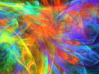 Tuinposter Mix van kleuren Creación de arte fractal digital compuesta de mantos translúcidos solapados de colores fluorescentes mostrando algo con apariencia de ser una batalla extraterrestre de artefactos fantásticos.