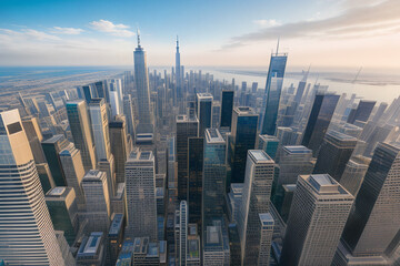 Modern metropolis top view, distortion. Panorama of a big city, multi-storey buildings. Generative AI