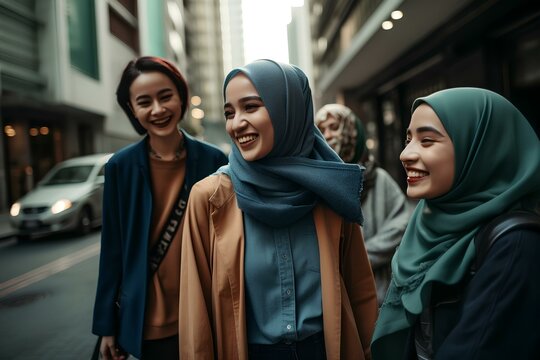 edgy style muslim female wearing hijab with edgy friends, chatting and laughing, walking in tokyo japan street. generative AI