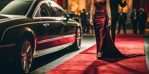 Woman arriving with limousine walking red carpet, Woman in a luxurious dress on a red carpet. Blurred image.

